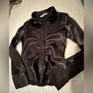 Zara Ruched Black Satin Button-Up Blouse